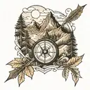 Half sleeve of mountains, forest, and an arrow with a compass tattoo design idea