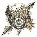 Half sleeve of mountains, forest, and an arrow with a compass tattoo design idea