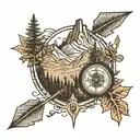 Half sleeve of mountains, forest, and an arrow with a compass tattoo design idea