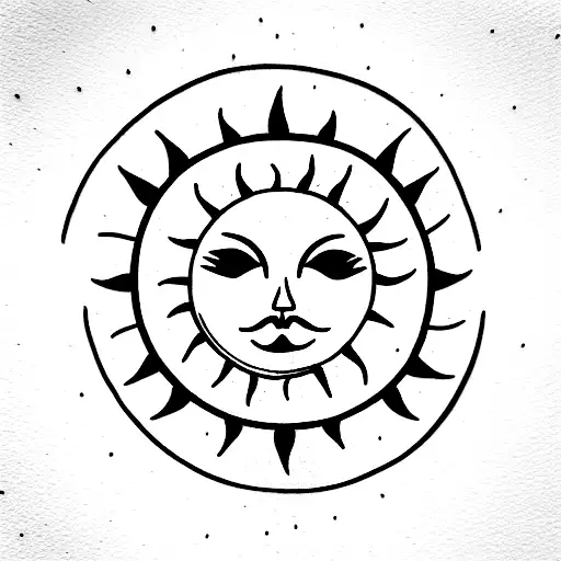 Sun with face, Moon, Clouds, Stars, Butterflys, Lily of Valley, Moth, Hearts, Red and Black ink tattoo design idea