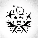 Sun with face, Moon, Clouds, Stars, Butterflys, Lily of Valley, Moth, Hearts, Red and Black ink tattoo design idea