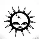 Sun with face, Moon, Clouds, Stars, Butterflys, Lily of Valley, Moth, Hearts, Red and Black ink tattoo design idea