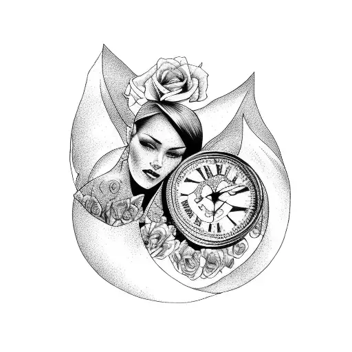 full sleeve tattoo with woman face clock world map mountains angels and roses tattoo design idea