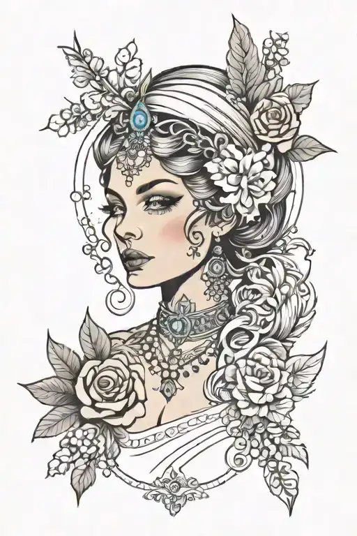 A traditional Russian beauty in neo-classics with an oas razor in her hand  tattoo design idea