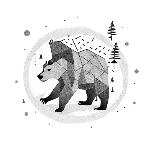 A minimalist tattoo of a bear walking along a path through a forest, with musical notes floating around it tattoo design idea