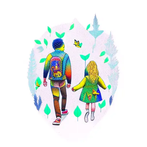 A new-school style tattoo of a father and child walking hand in hand through a mystical forest filled with colorful birds tattoo design idea