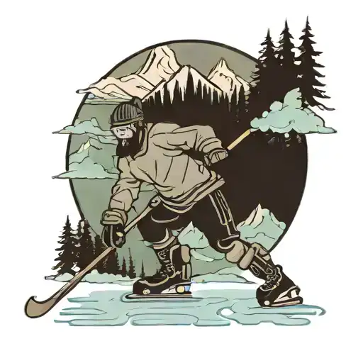 person skating on frozen lake with mountain in background, hockey stick, beanie hat, evergreens.  tattoo design idea
