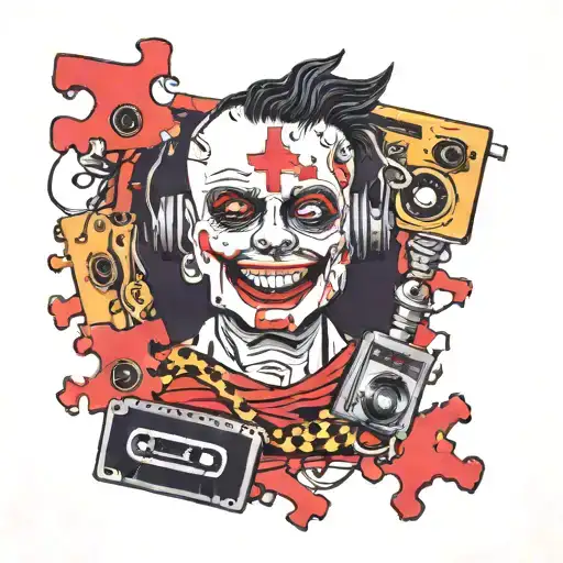 puzzle piece with Billy from jigsaw in it with a cassette tape that says play me tattoo design idea