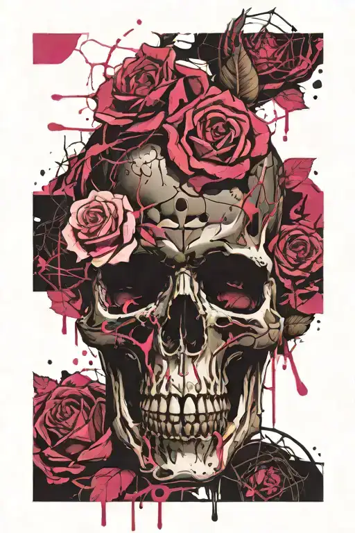 Dark Skull and Pink Roses dark for cover tattoo design idea