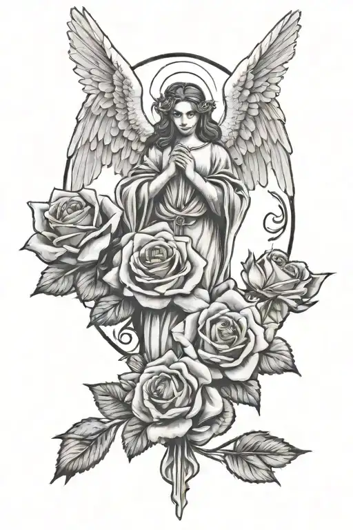 angel and prayer hand and roses tattoo design idea