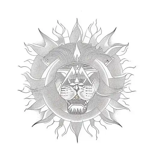 A minimalist tattoo of a sun and lion with chakra symbols tattoo design idea