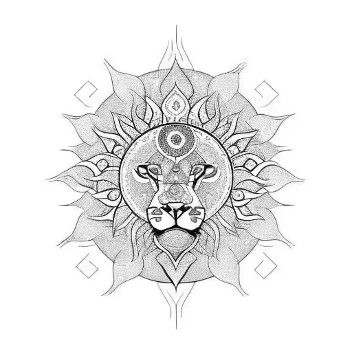 A tattoo of a sun and lion with chakra symbols tattoo design idea
