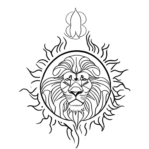 A minimalist tattoo of a sun and lion with chakra symbols tattoo design idea