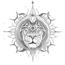 A tattoo of a sun and lion with chakra symbols tattoo design idea