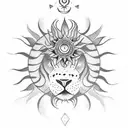 A tattoo of a sun and lion with chakra symbols tattoo design idea