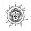 A tattoo of a sun and lion with chakra symbols tattoo design idea
