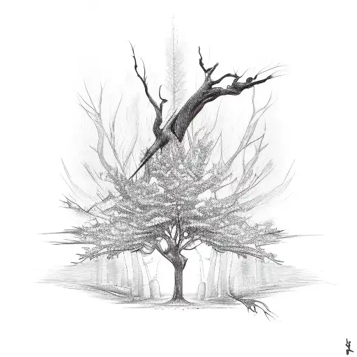 A sketch-style tattoo of a guitar neck turning into a tree branch tattoo design idea