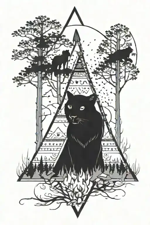 tipi in a forest with fire and black panther created from fires smoke tattoo design idea