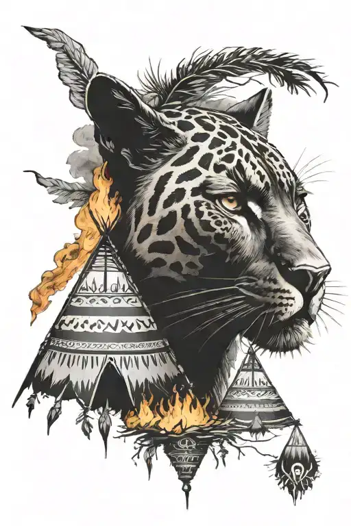 tipi with fire and black panther tattoo design idea