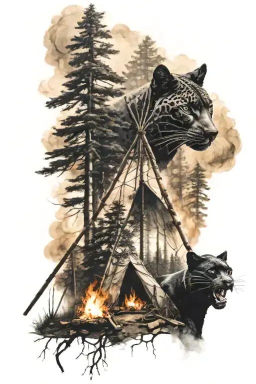 tipi in a forest with fire and black panther created from fires smoke tattoo design idea