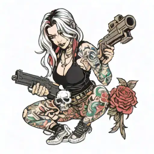 guns and woman posing like a metalcore tattoo design idea