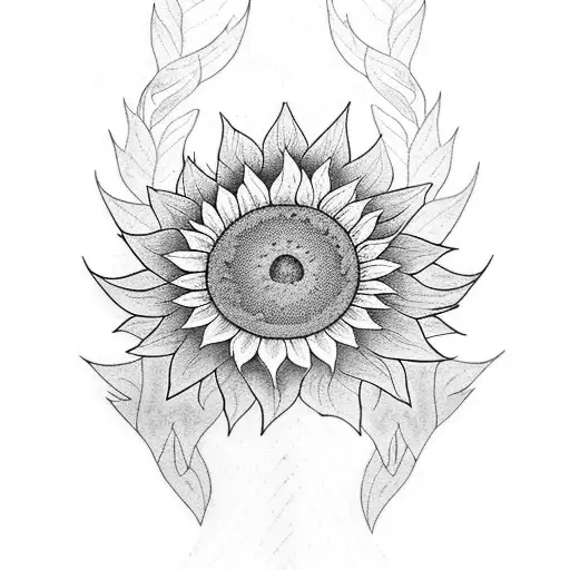 A blackwork tattoo depicting a serene forest landscape with a sunflower growing at the edge of a tranquil pond tattoo design idea