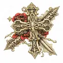 a catholic cross with a rosary wrapped tightly and behind the cross is 2005 in Roman numbers centered thigh tattoo  tattoo design idea