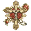 a catholic cross with a rosary wrapped tightly and behind the cross is 2005 in Roman numbers centered thigh tattoo  tattoo design idea