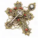 a catholic cross with a rosary wrapped tightly and behind the cross is 2005 in Roman numbers centered thigh tattoo  tattoo design idea