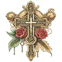 a catholic cross with a rosary wrapped tightly and behind the cross is 2005 in Roman numbers centered thigh tattoo  tattoo design idea