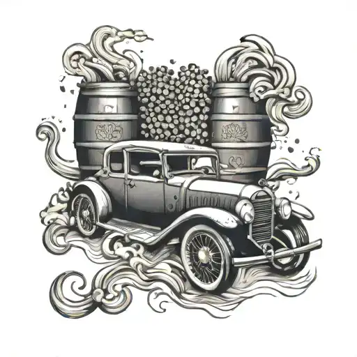 An abstract design of coffee beans and whiskey barrels forming the shape of a vintage car, with smoke and steam coming out of the exhaust pipes tattoo design idea