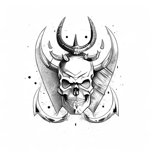skull with horns AND fangs AND a shield with swords AND bat wings tattoo design idea