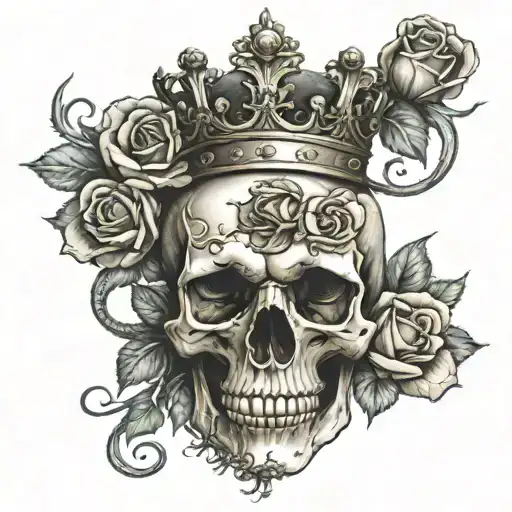 skull wearing a crown surrounded by roses with a snake   tattoo design idea