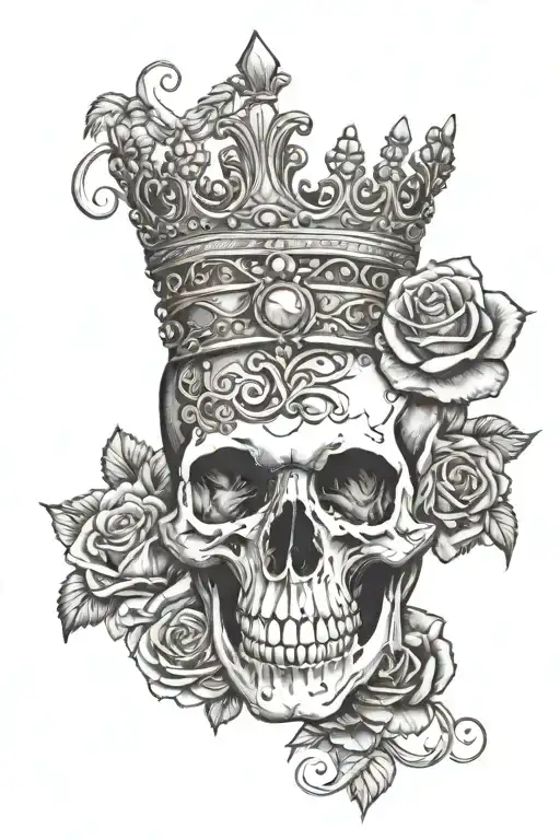 Skull wearing a tiara surrounded by roses with a snake coming out the mouth  tattoo design idea