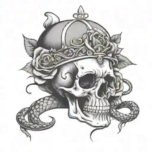 Skull wearing a tiara surrounded by roses with a snake coming out the mouth  tattoo design idea