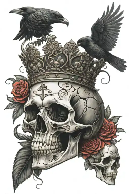 Skull wearing a queen like t iara surrounded by roses with a snake and a raven tattoo design idea