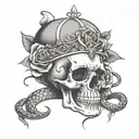 Skull wearing a tiara surrounded by roses with a snake coming out the mouth  tattoo design idea