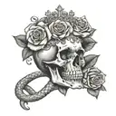 Skull wearing a tiara surrounded by roses with a snake coming out the mouth  tattoo design idea