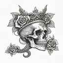 Skull wearing a tiara surrounded by roses with a snake coming out the mouth  tattoo design idea