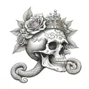Skull wearing a tiara surrounded by roses with a snake coming out the mouth  tattoo design idea