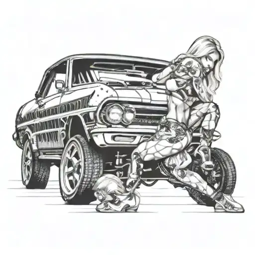 good looking blonde model bent over a 1960's muscle car tattoo design idea