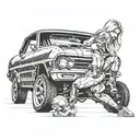 good looking blonde model bent over a 1960's muscle car tattoo design idea
