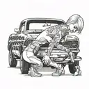 good looking blonde model bent over a 1960's muscle car tattoo design idea