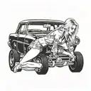 good looking blonde model bent over a 1960's muscle car tattoo design idea