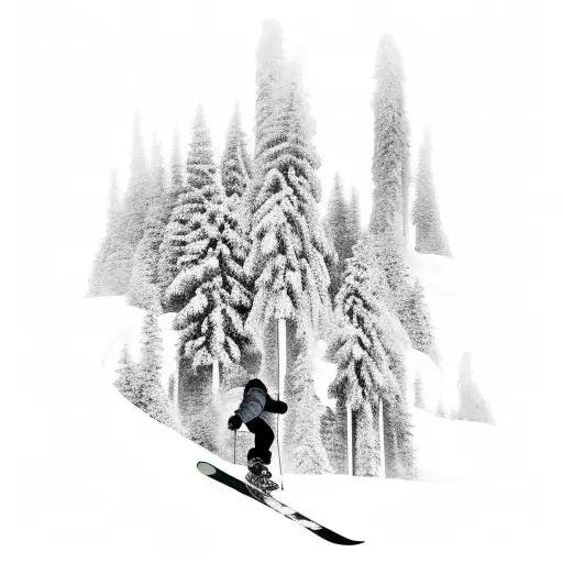 A snowboarder carving through a forest of snow-covered trees tattoo design idea