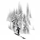 A snowboarder carving through a forest of snow-covered trees tattoo design idea