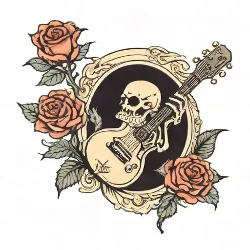 skeleton with a guitar with rose tattoo design idea