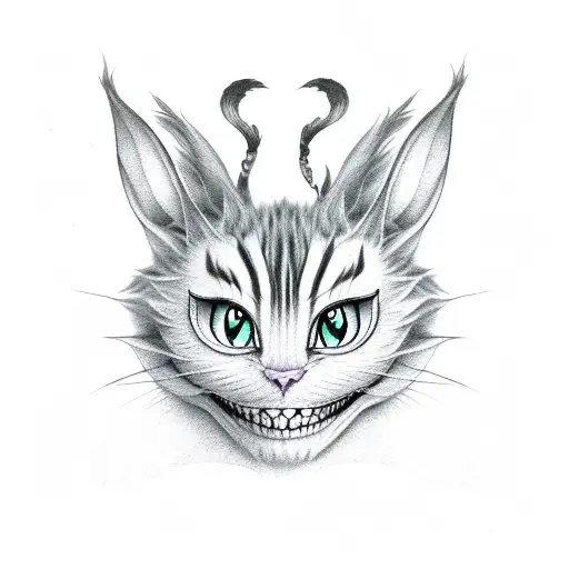 Cheshire cat manipulating Alice and the hatter with threads tattoo design idea