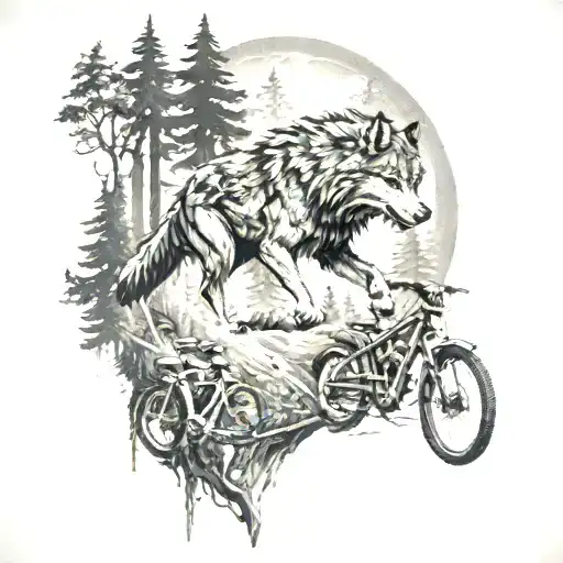 A detailed black and grey tattoo of a wolf leading a pack of mountain bikers through a forest tattoo design idea