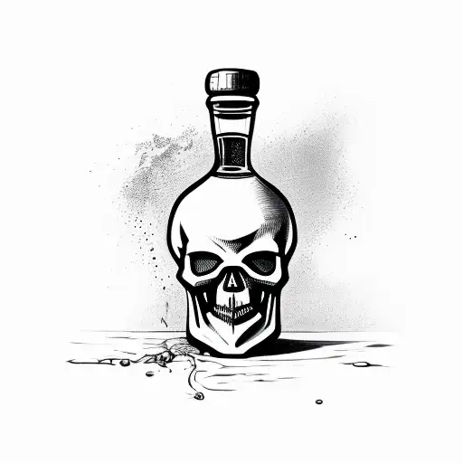 A bottle of rum smoothly turning into a skull tattoo design idea